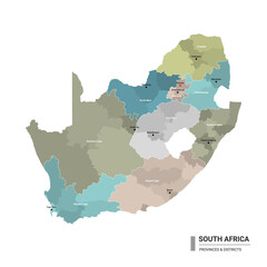 Naklejka premium South Africa higt detailed map with subdivisions. Administrative map of South Africa with districts and cities name, colored by states and administrative districts. Vector illustration
