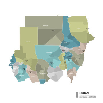 Sudan higt detailed map with subdivisions. Administrative map of Sudan with districts and cities name, colored by states and administrative districts. Vector illustration 