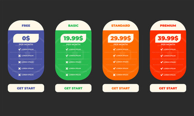 Interface for the site. UI UX vector banner for web app. Pricing Table Template with Three Plan Type. Pricing table, banner, button, list and bullet with plan for website in flat design. Three tariffs