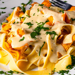 Tagliatelle with fresh chanterelles in a mushroom sauce