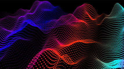 Digital landscape with flowing particles. Cyber or technology background.Vector illustration.geometric structure circles