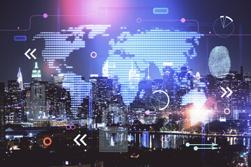 Map and data theme hologram on city view with skyscrapers background double exposure. International technology in business concept.