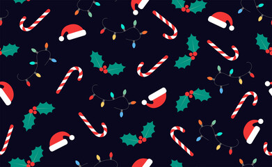 Christmas seamless pattern on a dark blue background of multicolored lights and Santa hats, holly leaves and berries, candy canes. Vector illustration.