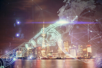 Double exposure of technology theme hologram and cityscape background. Concept of Hightech.