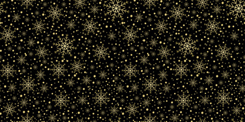 Golden snowflakes on a night background. Christmas pattern for gift wrapping paper, fabric, clothes, textile, surface textures. Vector illustration.