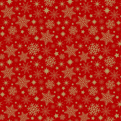 Naklejka na ściany i meble Golden snowflakes on a red background. Christmas pattern for gift wrapping paper, fabric, clothes, textile, surface textures. Vector illustration.