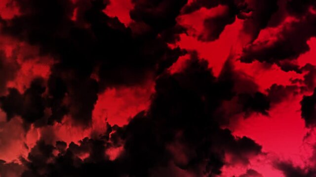 Black clouds on background colored starry sky. Animation. Abstract pumping sky with passing black clouds on red sky background. Stars in red sky with clouds