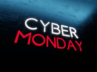 Cyber Monday neon text on futuristic concept dark blue background
