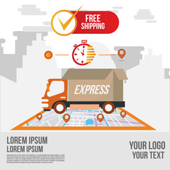 Fast delivery shipping online app by truck.Online order tracking with map.Delivery flat vector cartoon futuristic character restaurant food service.Online food order infographic.Webpage, app design.