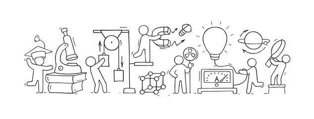 Sketch of physics lab with working little people