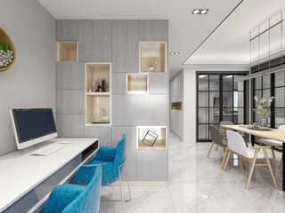 3D rendering. There are wardrobes, cupboards, mirrors and green plants in the study of the family house.