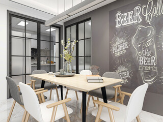 Clean and tidy dining room has wooden table and chair, very neat and clean