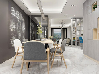 Clean and tidy dining room has wooden table and chair, very neat and clean