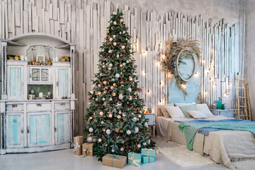 Merry Christmas and Happy Holidays. A beautiful living room decorated for Christmas.