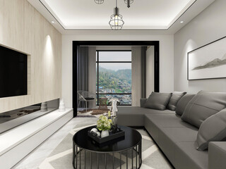 There are cloth sofa and table in the clean living room