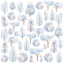 Obraz premium Vector illustration. Seamless pattern t of doodle images. Cartoon trees in a blue palette, snow-covered winter crown of different shapes. Background decoration