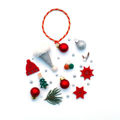 Cute Christmas balloon in a flat style from a variety of Christmas objects on a white background. Top view, flat lay.