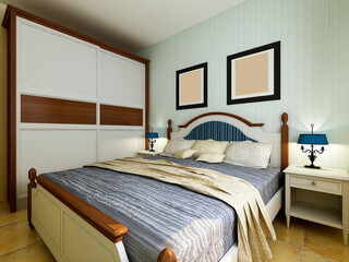 Fototapeta na wymiar Modern design of the bedroom, there are large bed, dressing table and other facilities
