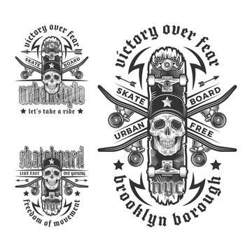 Skateboarding emblem set with skull and crossed skyboards. Print graphic and web design. Monochrome vector illustration.