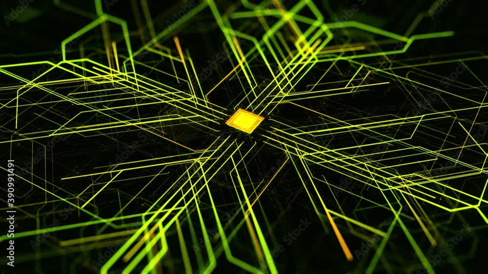 Poster abstract pattern with microchip circuit board on black background. animation. futuristic technologic