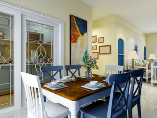 Clean and tidy dining room has wooden table and chair, very neat and clean