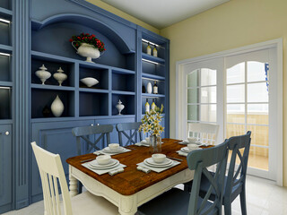 Clean and tidy dining room has wooden table and chair, very neat and clean
