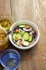 Cucumber Salad with Pickled Vinegar and French Mustard, vertical, copy space