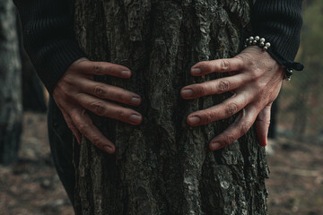 The details woman's hand while she is hagging and touching trees in the autumn forest. world mental health day concept