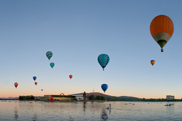 Hot Air Balloons Over the Lake in Canberra Balloon Festival