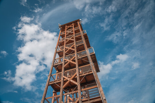 Observation deck lookout tower called Milada near Orlik dam in evening light, Pribram, Czech republic