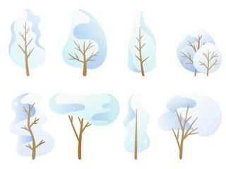 Vector illustration. A set of doodle images. Cartoon trees in a blue palette, snow-covered winter crown of different shapes. Background decoration