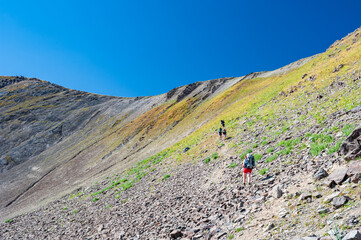 Group of young hikers trekking in mountains. Two women two men backpacking in summer near Sary...