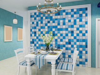 Clean and tidy dining room has wooden table and chair, very neat and clean