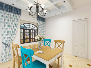 Clean and tidy dining room has wooden table and chair, very neat and clean