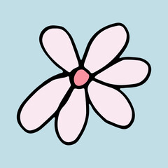 Hand drawn doodle flower head illustration. Simple floral element isolated on blue background