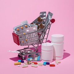 Creative medical layout made with pharmaceutical medicine pills, tablets, capsules in shopping...