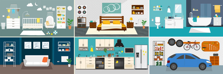 Set of vector interiors with furniture and equipment. Design a living room, kitchen, bathroom, bedroom. Flat style interior, House shape concept design.
