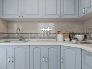 Spacious and beautiful kitchen, there are kitchenware, stove, refrigerator and other equipment
