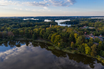 Naklejka na ściany i meble Drone panorama over lake and landscape in Germany
