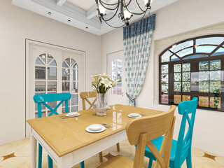 Clean and tidy dining room has wooden table and chair, very neat and clean