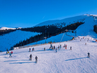 Skiers on the Ski Slope on a Sunny Winter Day. Aerial View
