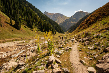 Group of trekkers descending rocky pass with mountain top wiews in high mountains. Young men and...