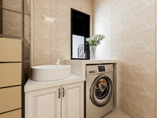 Clean and tidy bathroom, there are washstand, shower, toilet, bathtub and so on