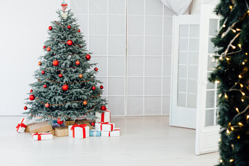 Christmas tree blue pine with gifts interior new year