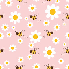Seamless pattern with daisy flower and flying bee cartoon on pink background vector illustration. Flat design for print.