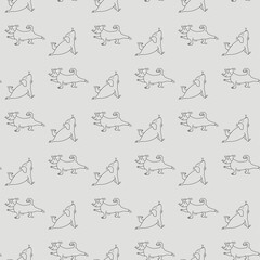 Seamless pattern. pets yoga. Dog yoga - funny puppy in asana, doing sports exercise, plank. Vector outline on a light gray background