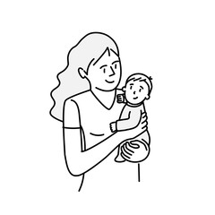 Happy mother holding baby in his arms. Hand drawn vector illustration.