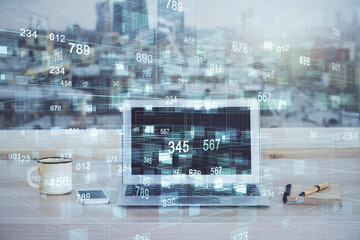 Double exposure of desktop computer and technology theme hologram. Concept of software development.