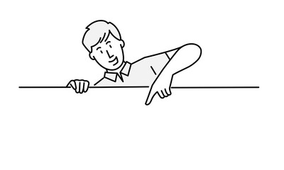 Man pointing at a blank board. Hand drawn vector illustration.