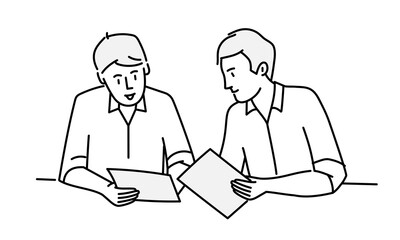 Two businessmen. Discussion in the meeting. Hand drawn vector illustration.